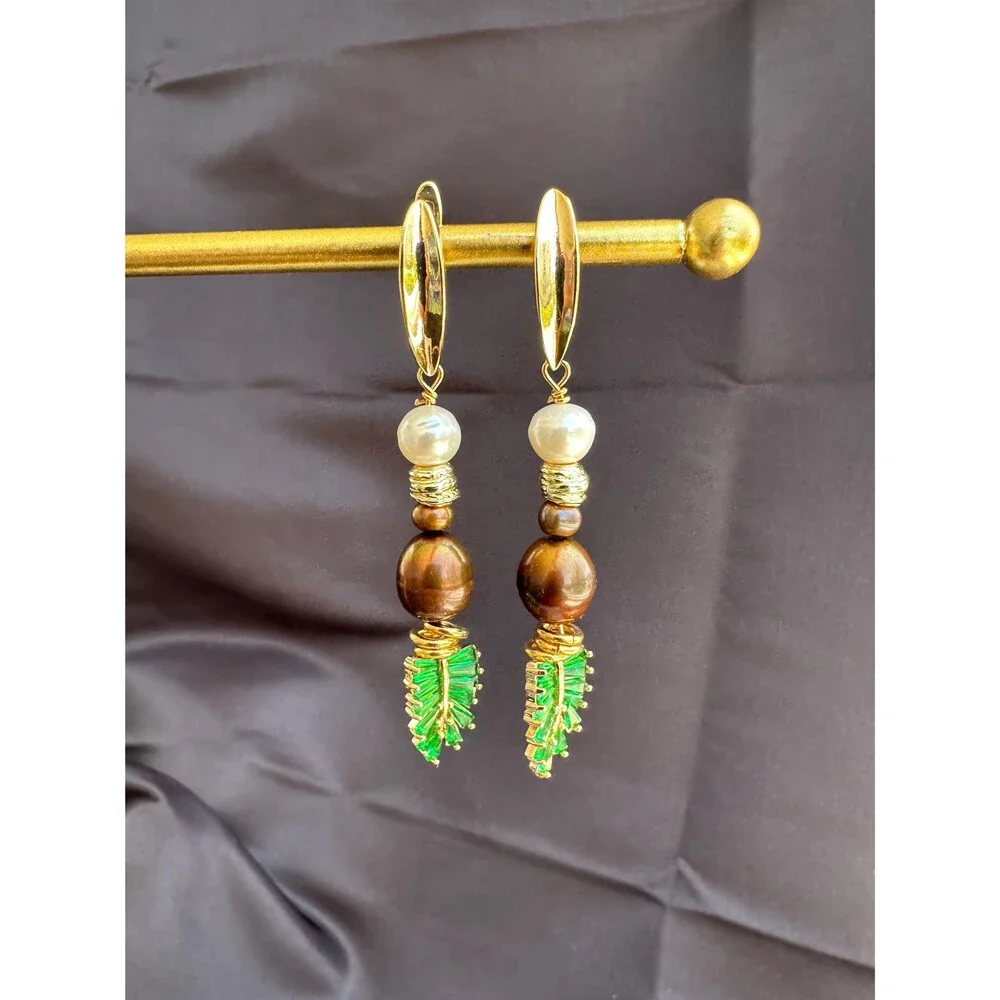 Nature-Inspired Leaf Long Dangle Earrings with Brown & white Freshwater Pearls -